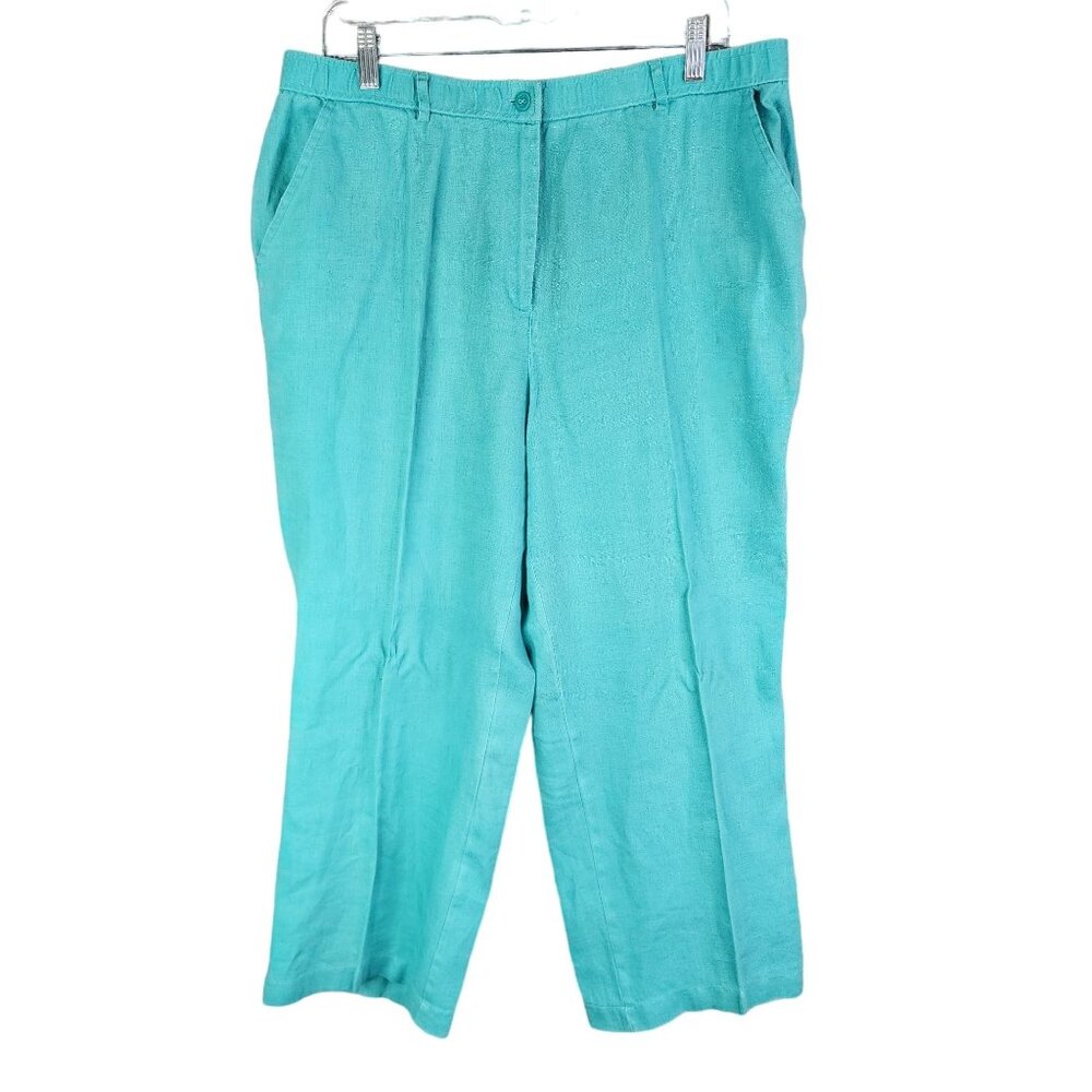 Womens JM Collection Pants Turquoise Straight Leg 100% Linen Hi Rise Size 14